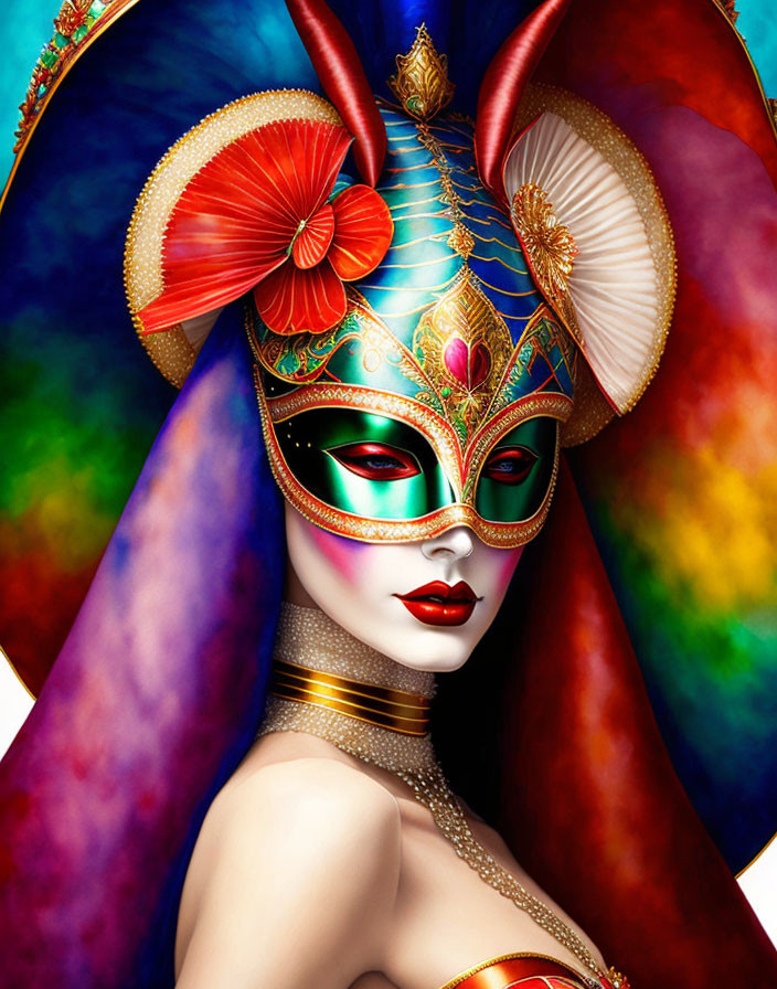 Colorful Stylized Portrait with Red and Gold Ornate Mask