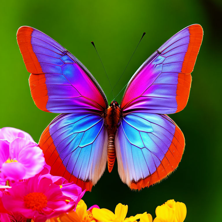 Colorful Butterfly on Flowers and Green Background