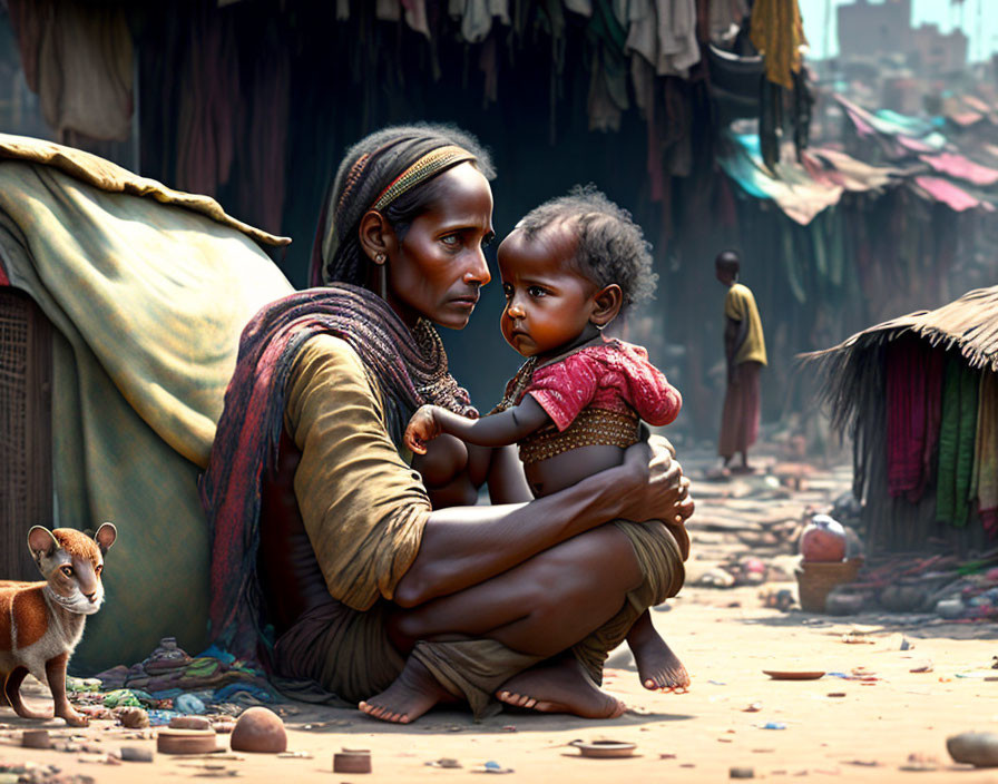 Woman holding child in shanty town with dog and huts in background