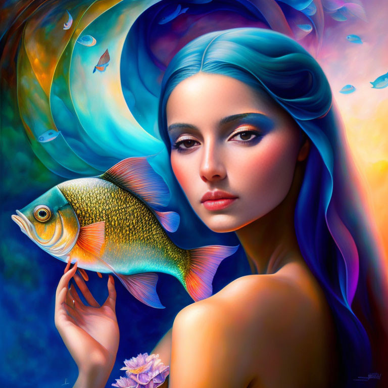 Surreal portrait of woman with blue hair holding colorful fish