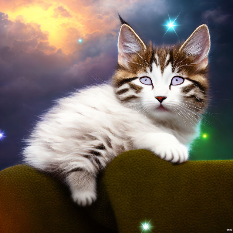 Fluffy White Kitten with Tabby Markings and Violet Eyes on Green Surface