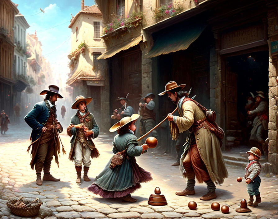 Old-time street scene with people in period clothing and woman balancing a bowl on head.