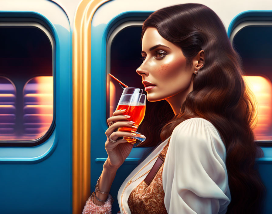 Woman with long hair gazes out train window at sunset with drink in hand