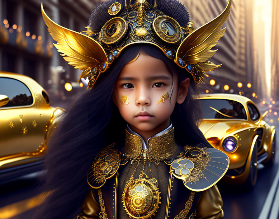 Young girl in golden samurai helmet and armor among luxury cars.