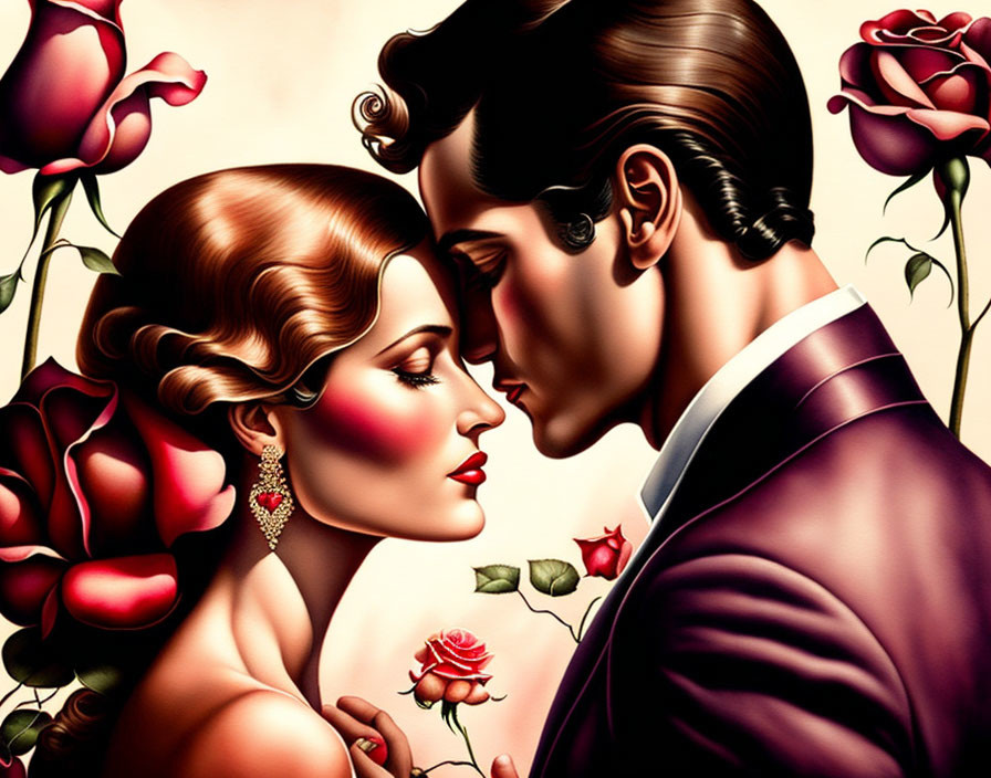 Illustration of stylized couple in romantic pose with roses