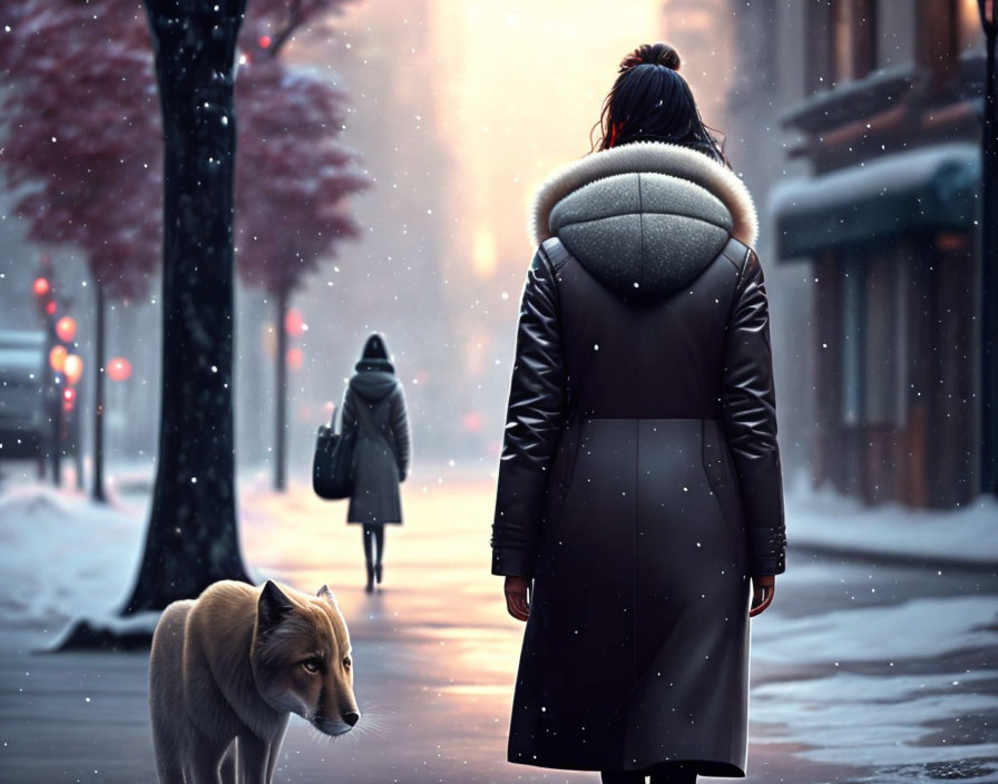 Person in winter coat walking snowy street with red trees and dog.