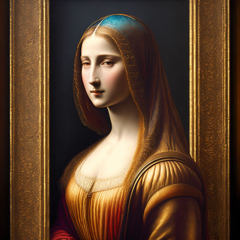 Serene woman in red dress with blue veil and golden border