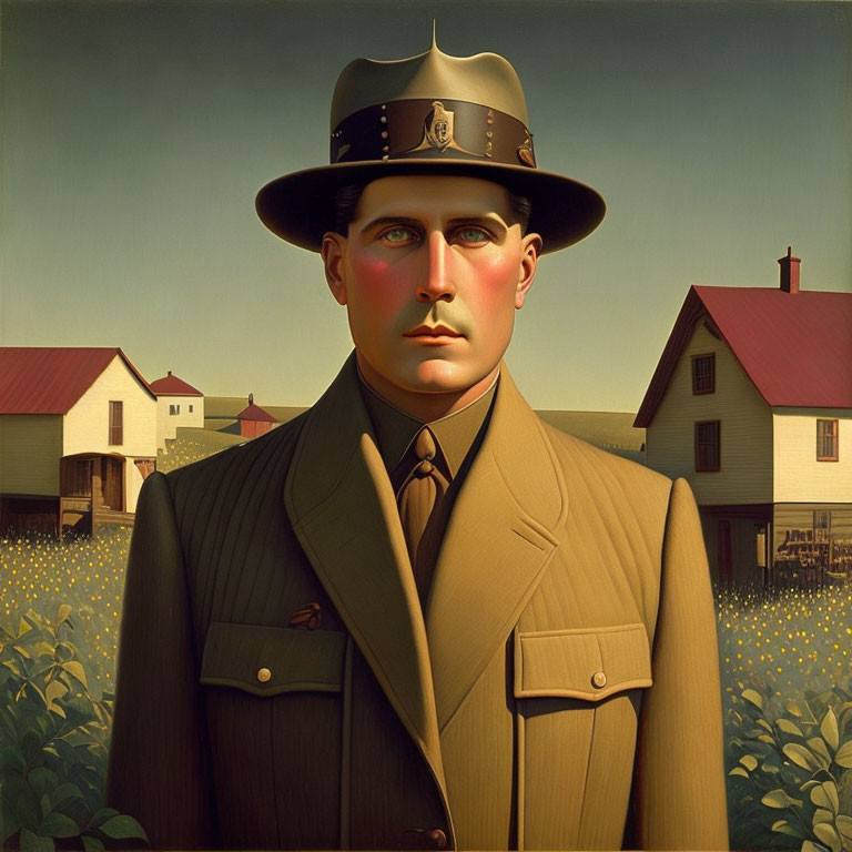 Stylized portrait of man in tan uniform with badge, standing outdoors.