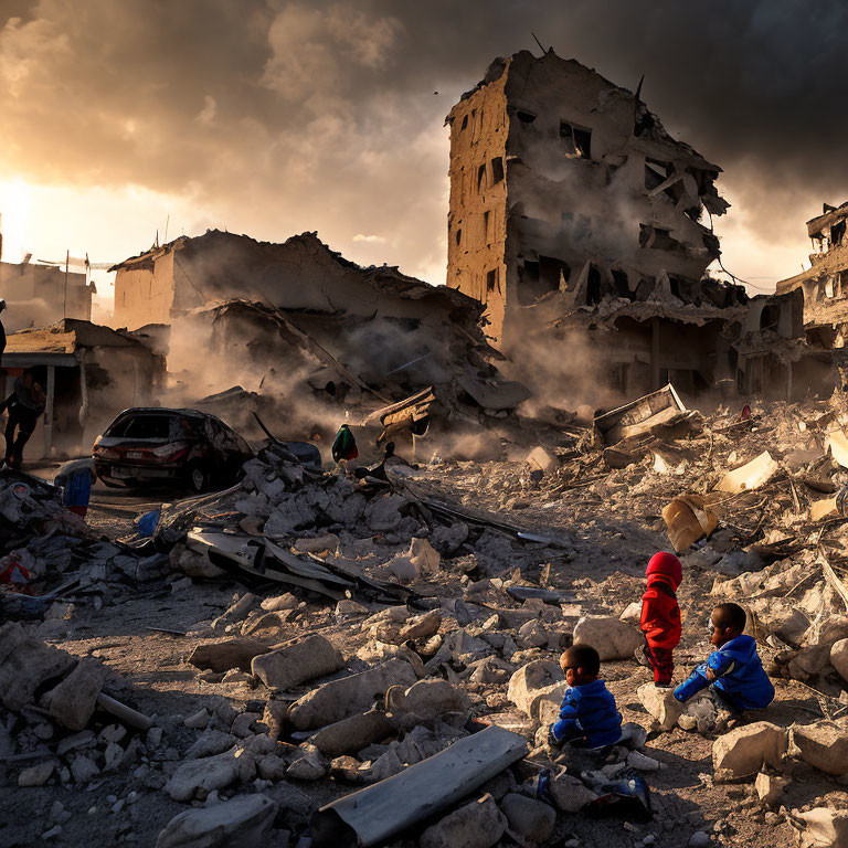 War-torn cityscape at sunset with damaged building and children