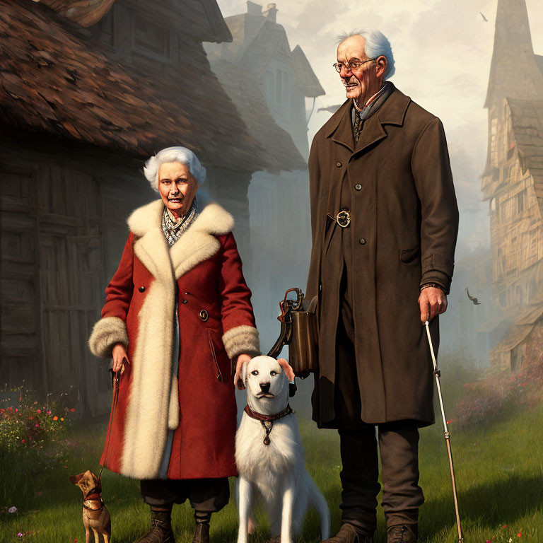 Elderly Couple with White and Brown Dogs in Front of Quaint Houses