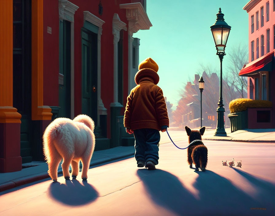 Child in yellow hat walks two dogs on sunny street with colorful houses