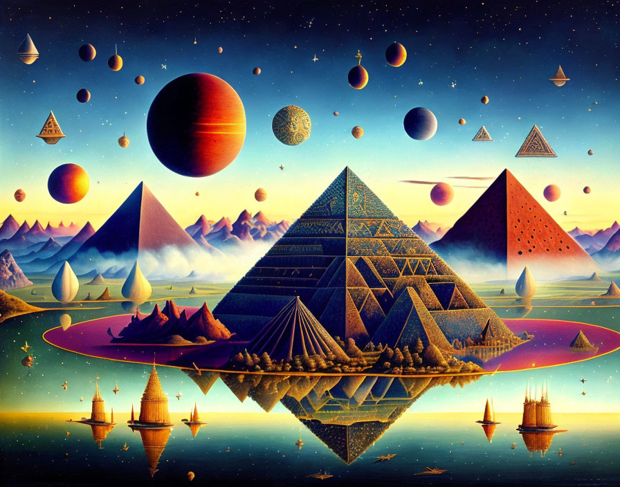 Colorful Surrealist Art: Pyramids, Planets, and Ships in a Starry Sky