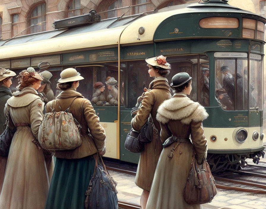 Vintage clothing group boarding green tram in city street