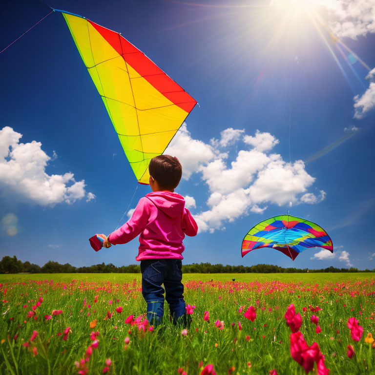 Child in Pink Hoodie Flying Colorful Kite in Flower-Filled Field