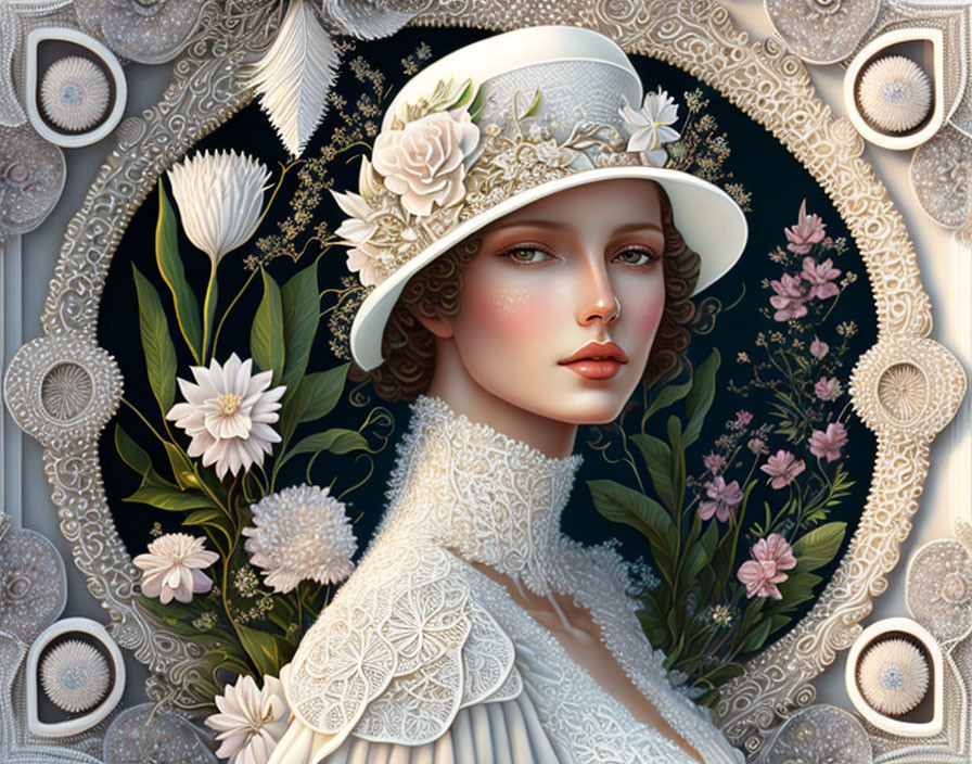 Stylized portrait of woman with white floral hat and lace patterns among blooming flowers