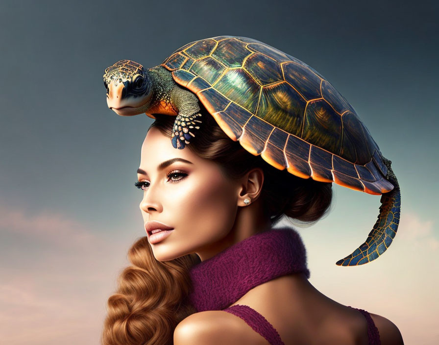 Sleek-haired woman with turtle on head under twilight sky