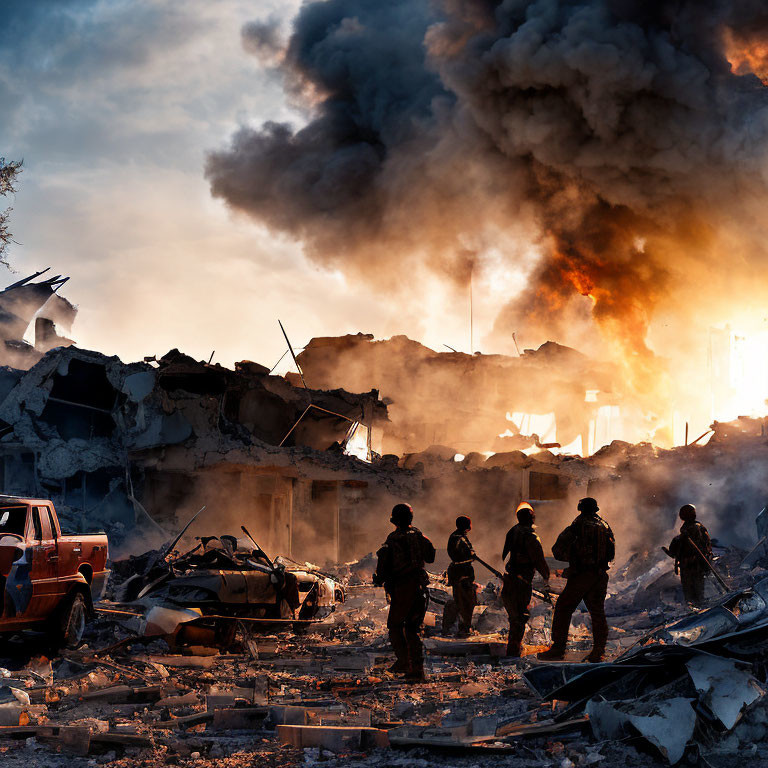 Soldiers in devastated area with destroyed buildings and flames