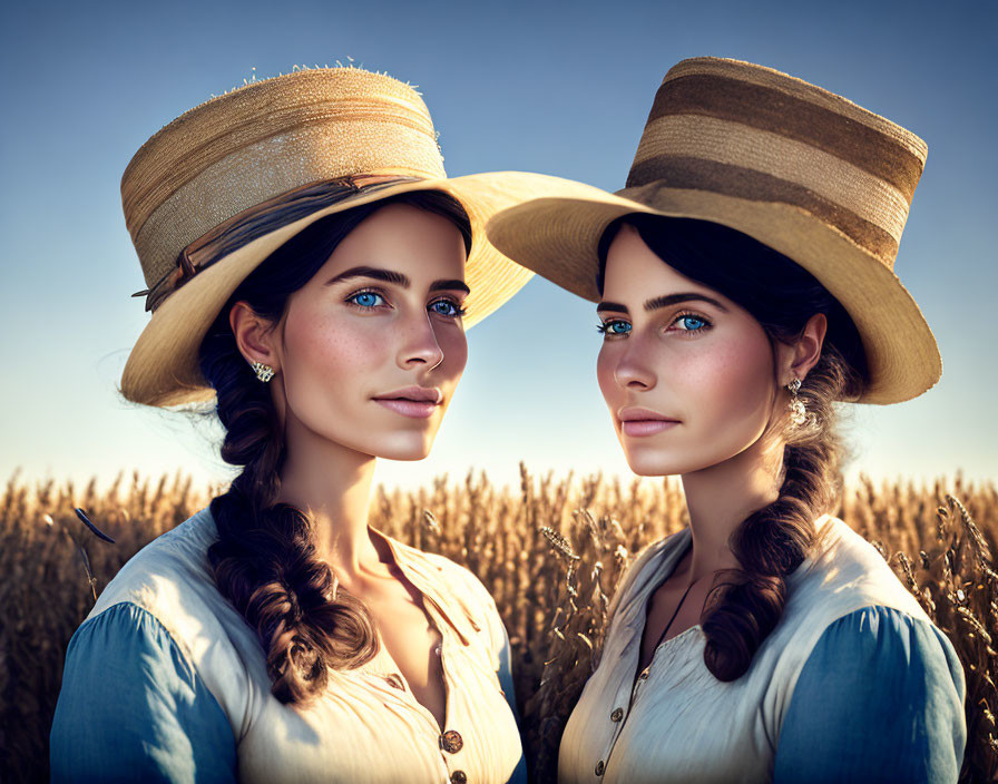 Two women in vintage clothing and straw hats in wheat field at golden hour