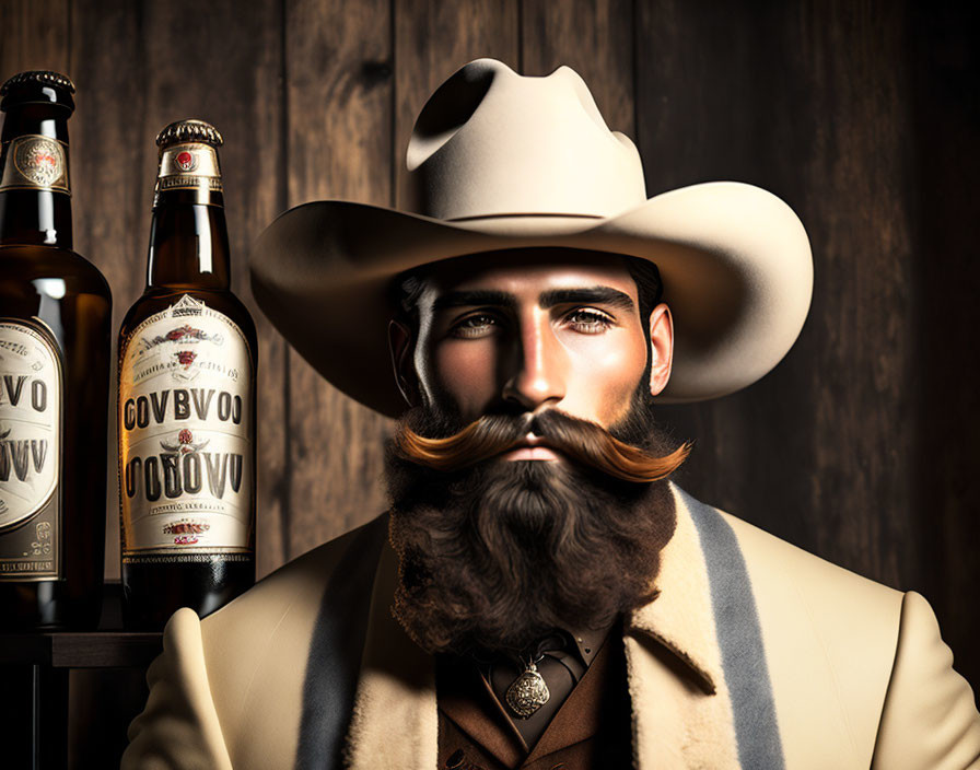 Stylized mustache man in cowboy hat with "COVBOV" bottles - Western theme