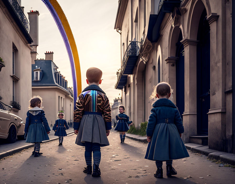 Group of children in uniforms walking on street with colorful trail in quaint neighborhood.