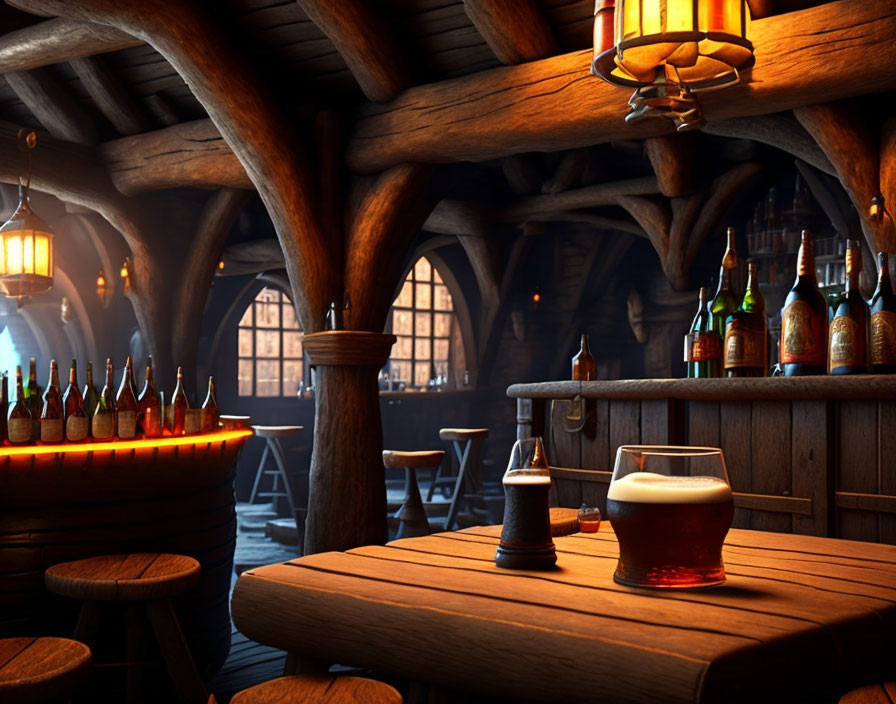 Dimly-lit tavern with wooden beams, bar, lantern, and beer table