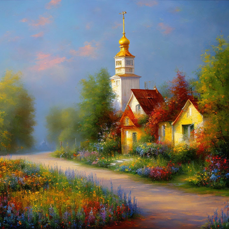 Tranquil painting of rural church with golden dome amid colorful flowers