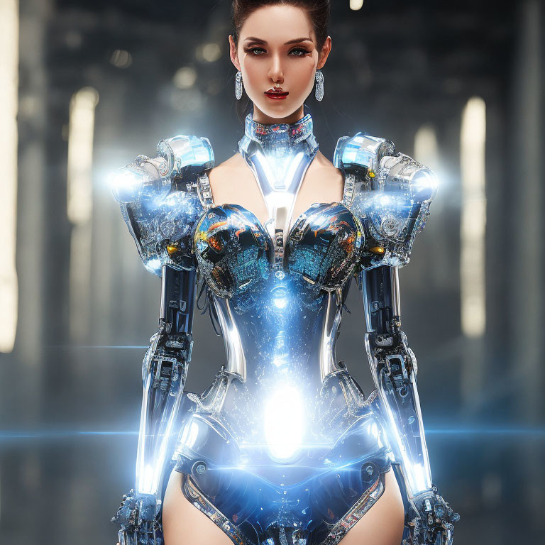 Detailed female robot with metallic body and blue energy cores against industrial backdrop