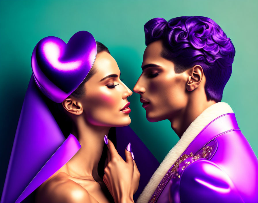 Stylized purple-toned individuals with heart motif for a romantic theme