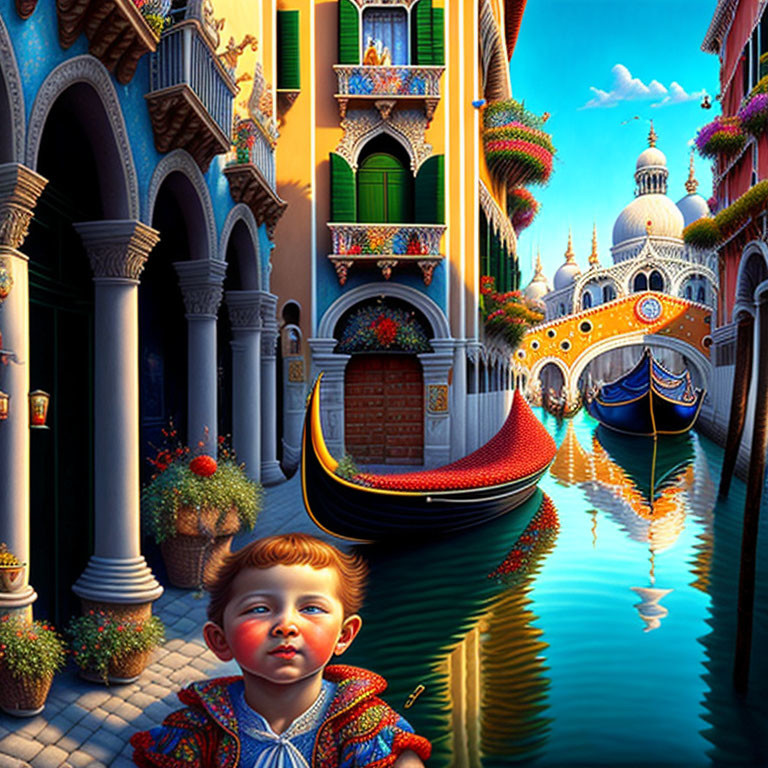 Colorful Child in Foreground with Venetian Gondolas and Architecture Reflections