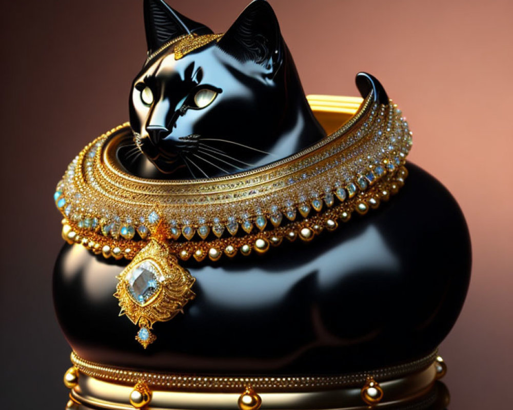 Black Cat Sculpture with Gold and Gemstone Necklaces on Brown Background