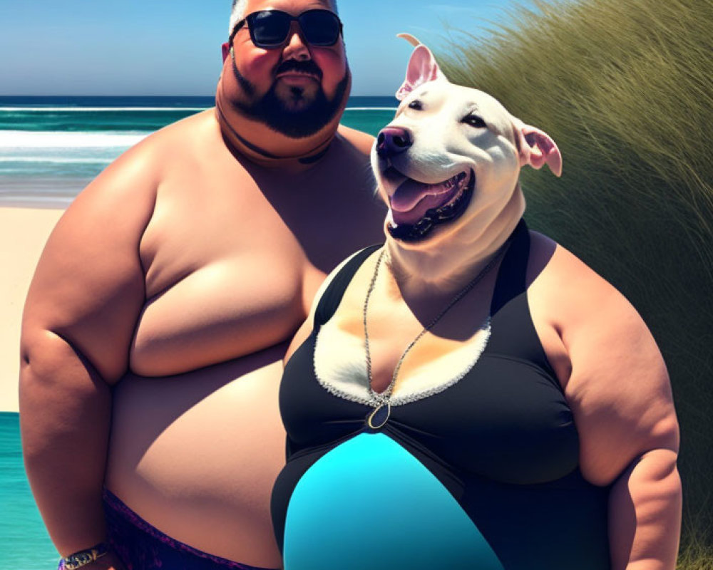 Cheerful plus-sized person in black swimsuit with beach ball and dog on sandy beach