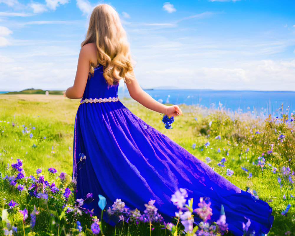 Woman in Flowing Blue Dress Surrounded by Wildflowers and Blue Sky