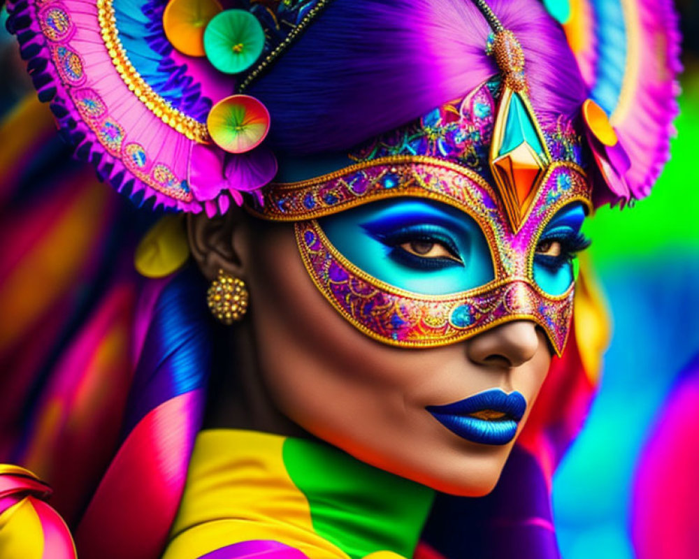 Colorful Carnival Makeup and Feathered Headdress with Gems