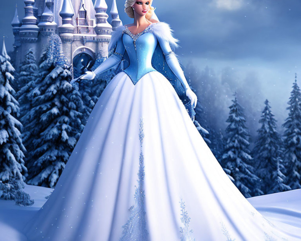 Fairytale princess doll in blue and white gown in snowy landscape with castle.