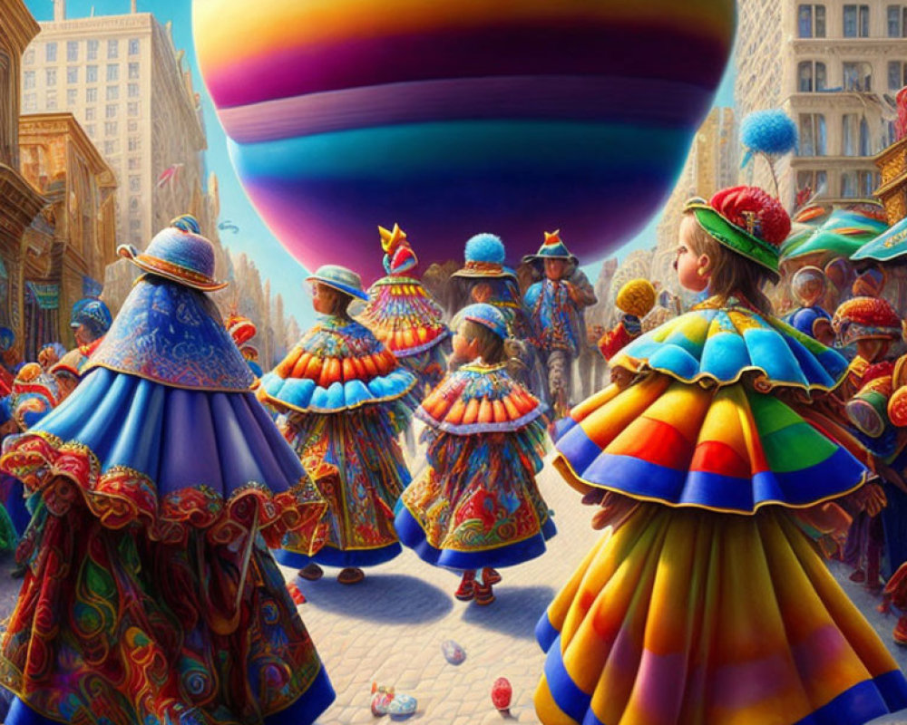 Colorful Traditional Costumes and Giant Balloon at Vibrant Street Parade