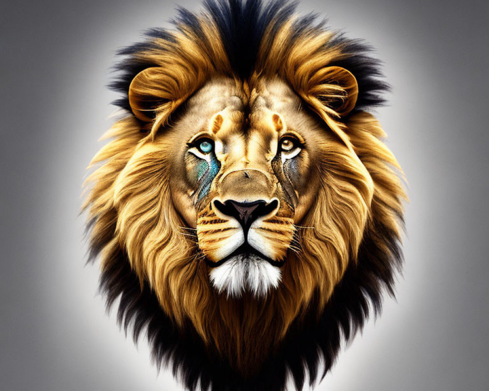 Detailed Mane Lion Digital Painting with Blue Eyes on Grey Background