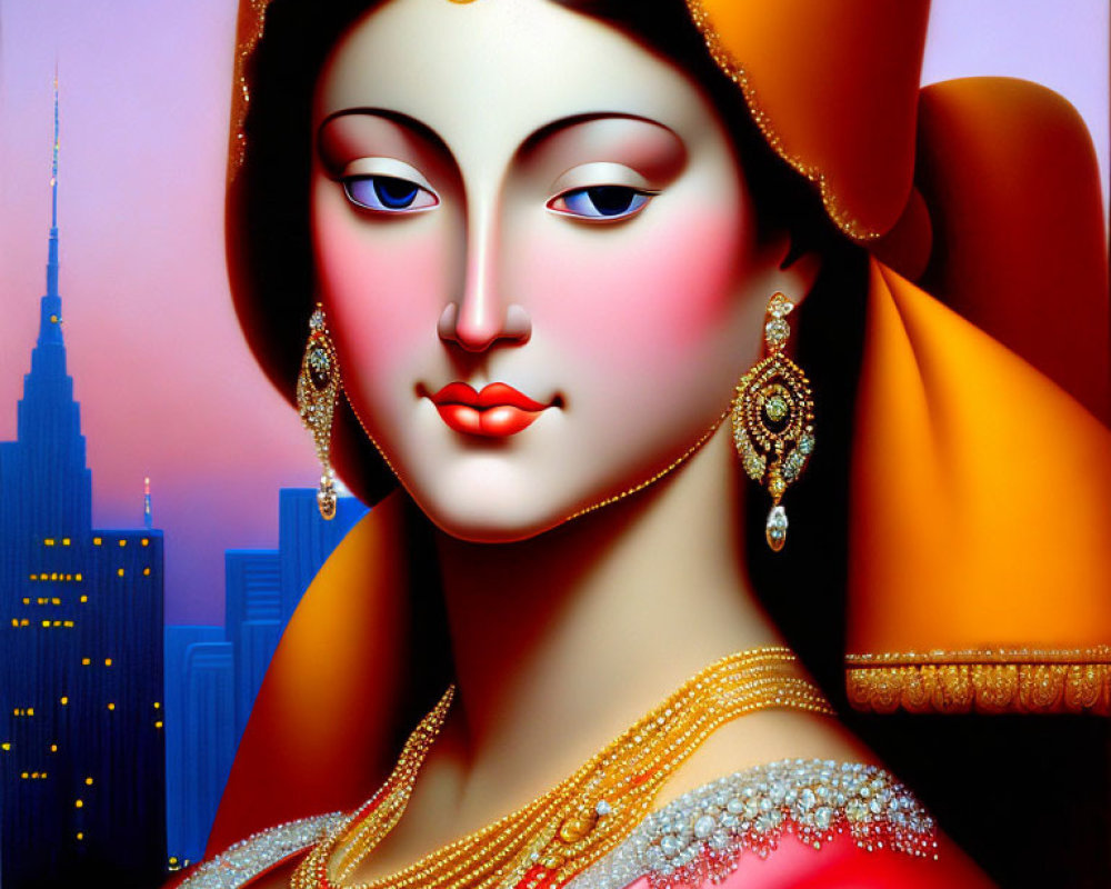 Digital artwork featuring woman in South Asian attire against city skyline on gradient sky.