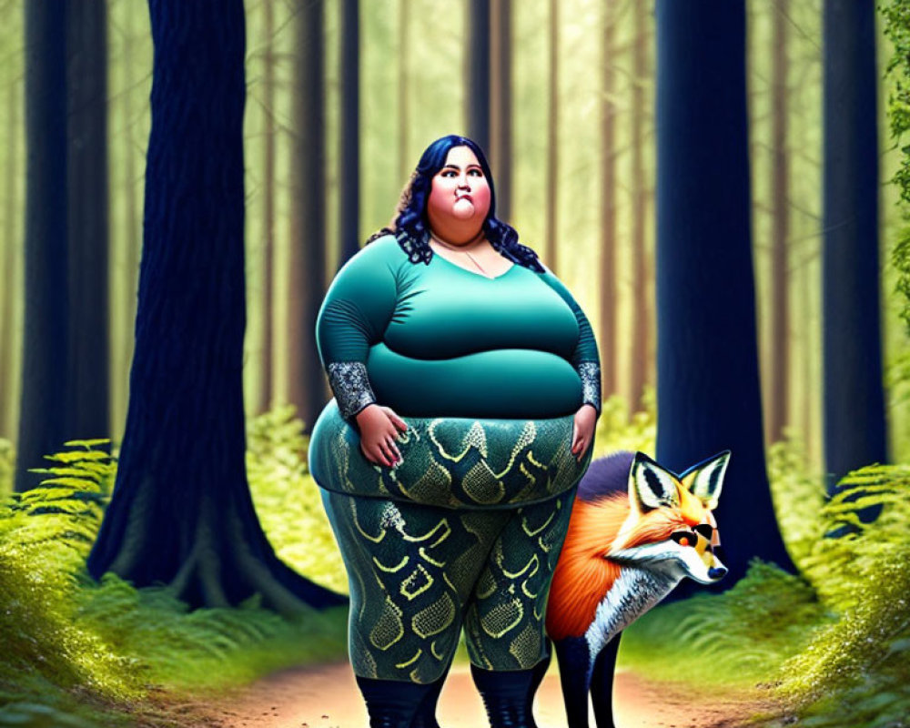 Surreal image: Plus-sized woman with mermaid leggings and fox in magical forest