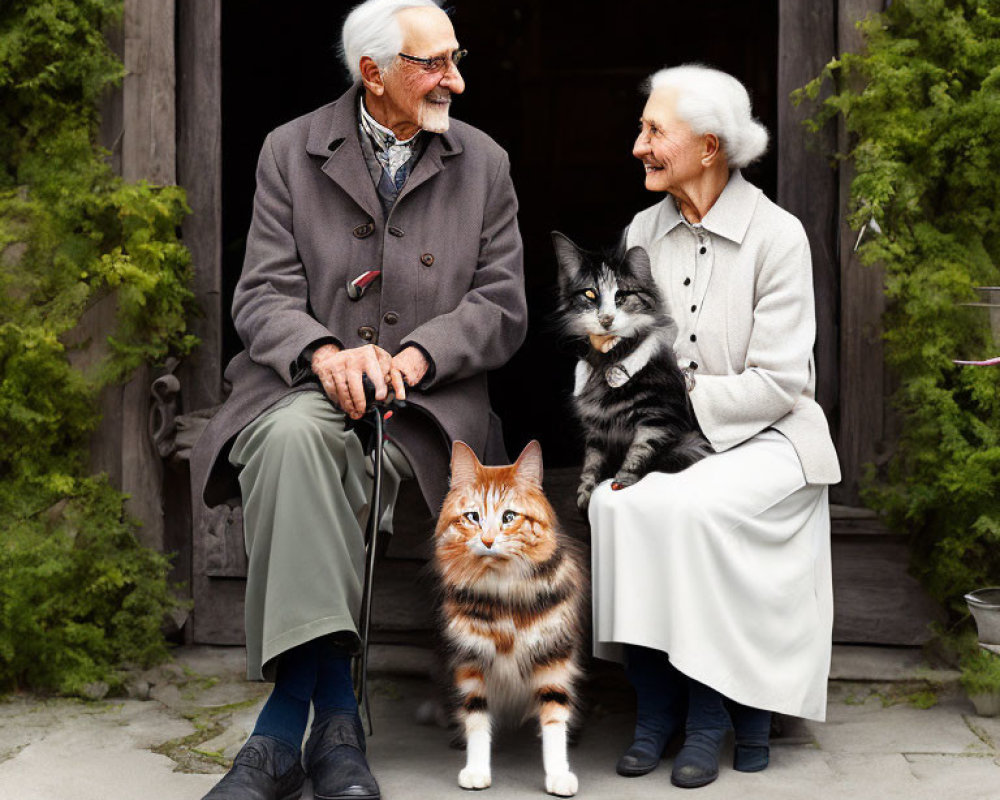 Elderly couple with two cats in front of dark doorway