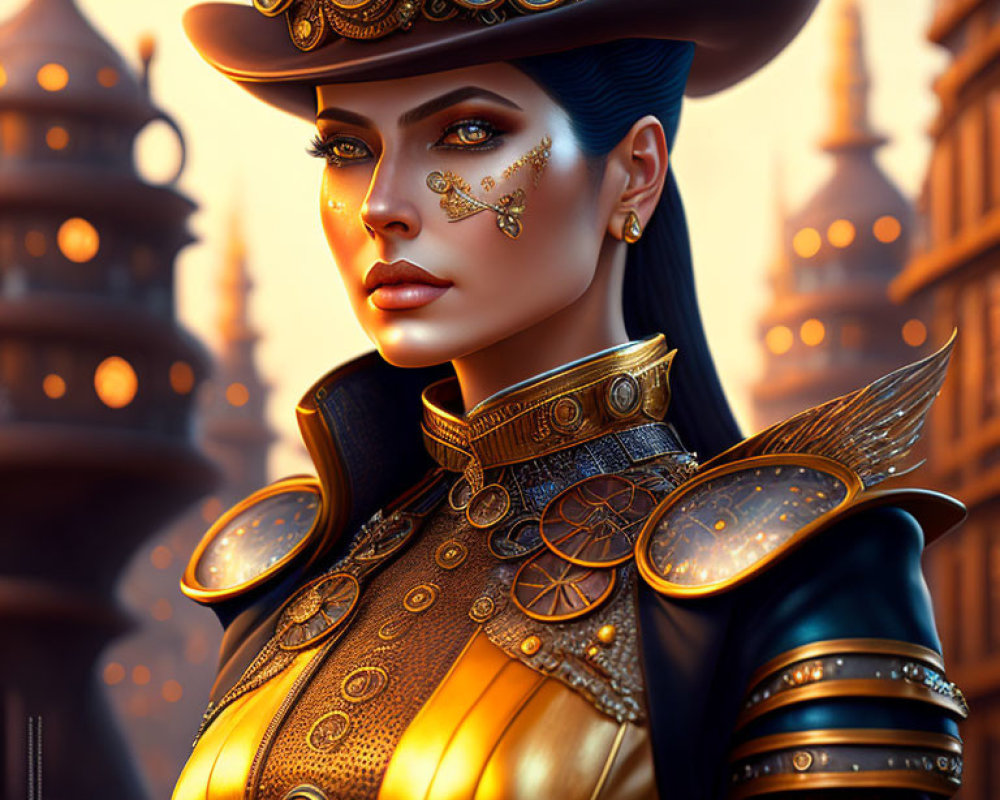 Steampunk-themed digital artwork of a woman in elaborate attire against tower backdrop