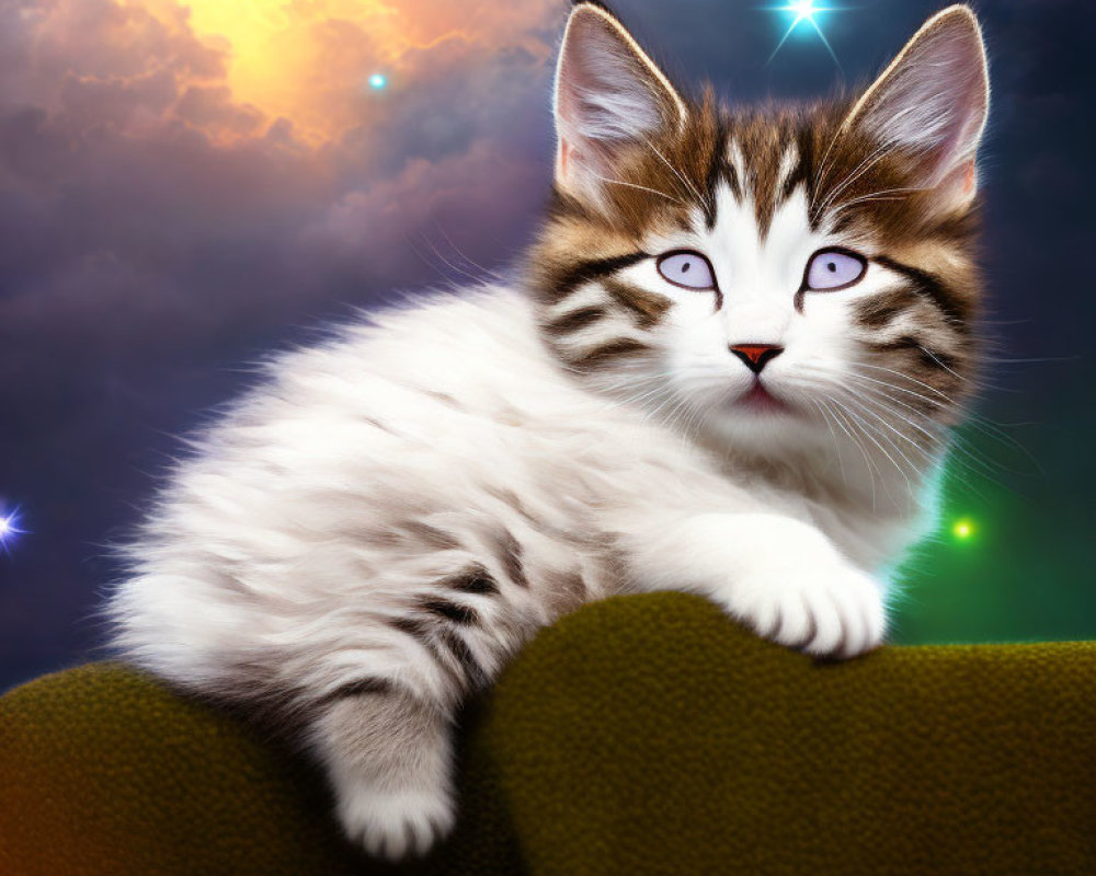 Fluffy White Kitten with Tabby Markings and Violet Eyes on Green Surface