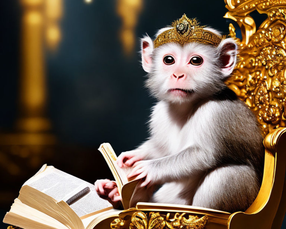 Monkey with Crown Reading Book on Gold Throne with Luminous Background