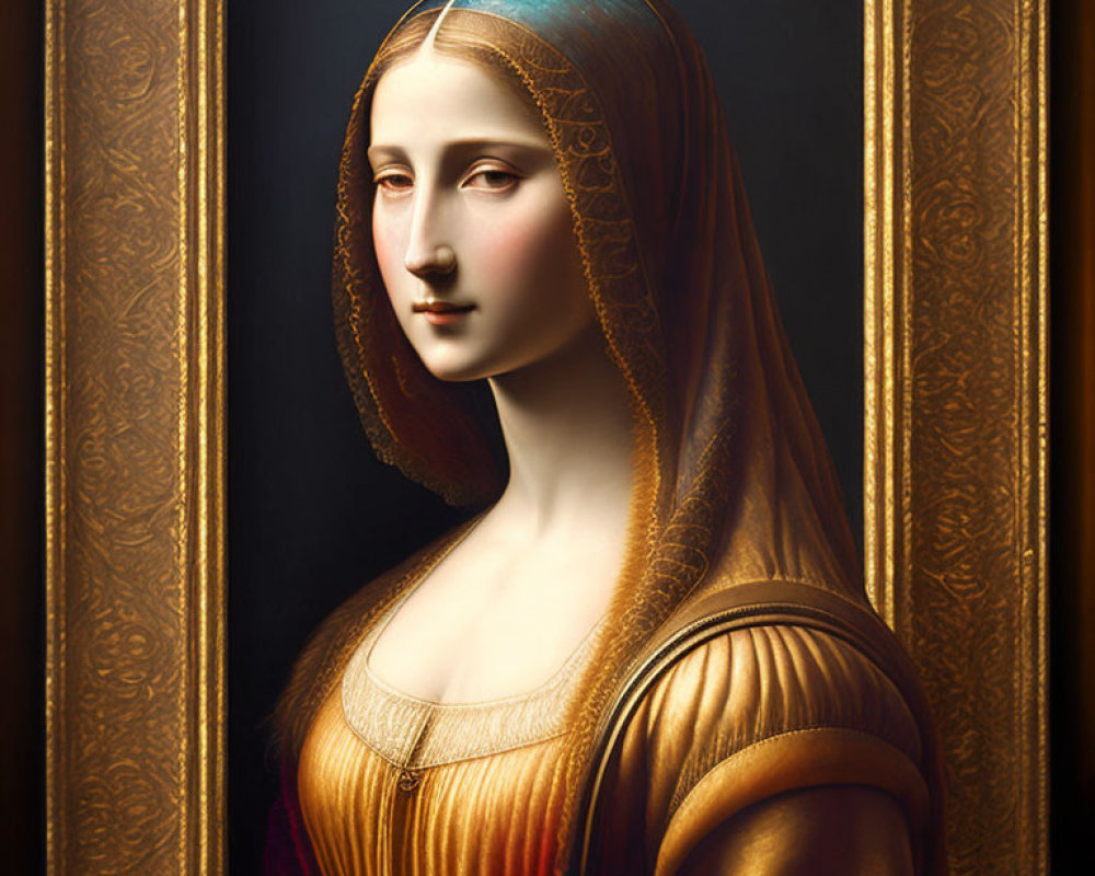 Serene woman in red dress with blue veil and golden border