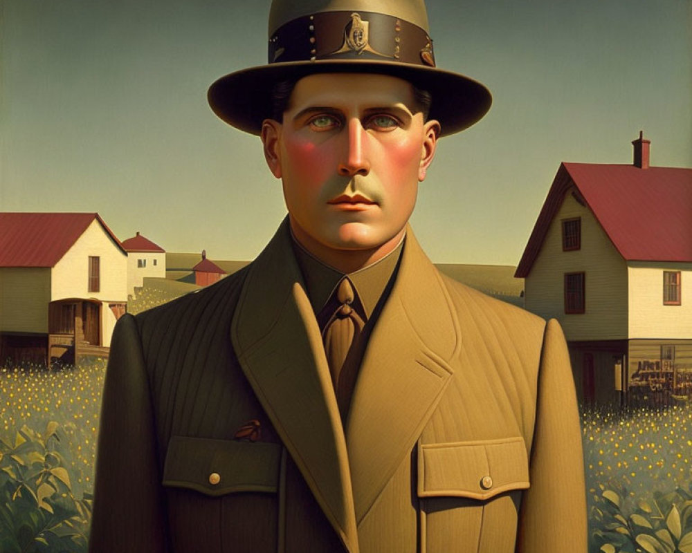 Stylized portrait of man in tan uniform with badge, standing outdoors.