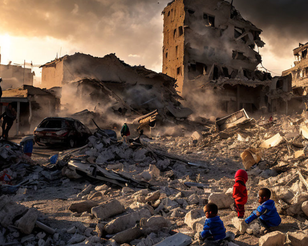 War-torn cityscape at sunset with damaged building and children