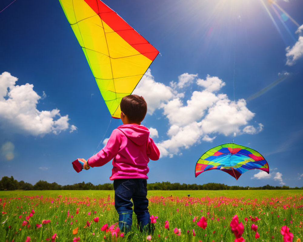 Child in Pink Hoodie Flying Colorful Kite in Flower-Filled Field