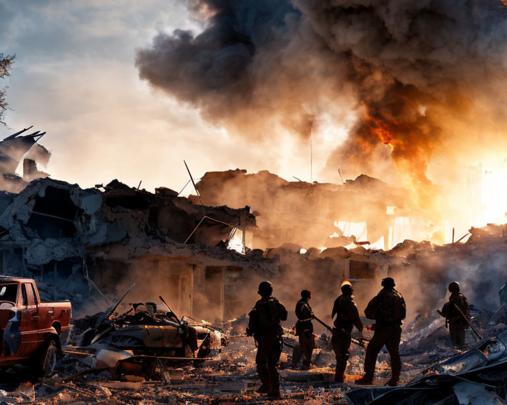 Soldiers in devastated area with destroyed buildings and flames