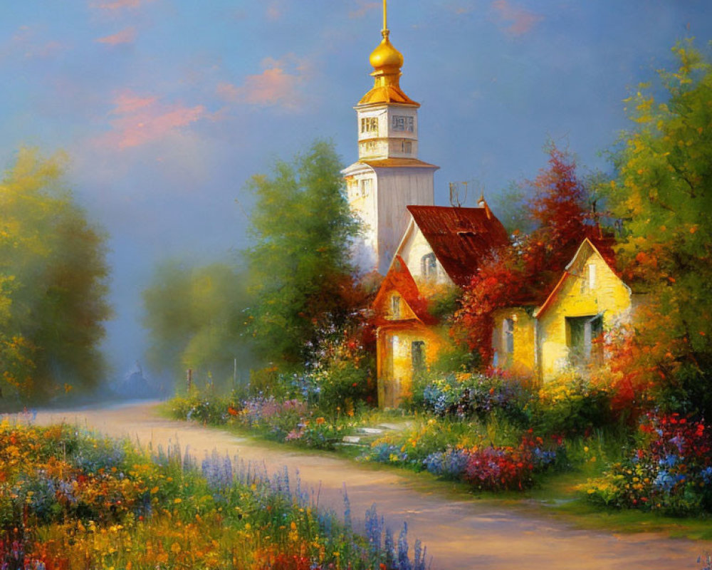 Tranquil painting of rural church with golden dome amid colorful flowers