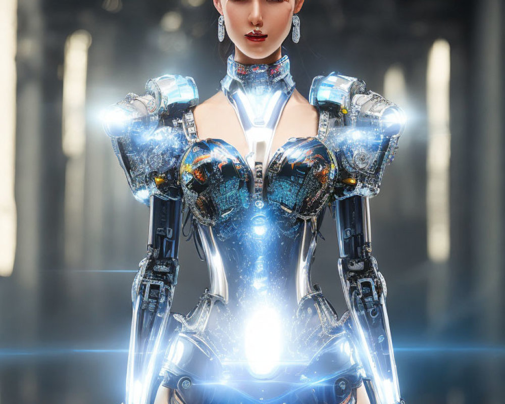 Detailed female robot with metallic body and blue energy cores against industrial backdrop