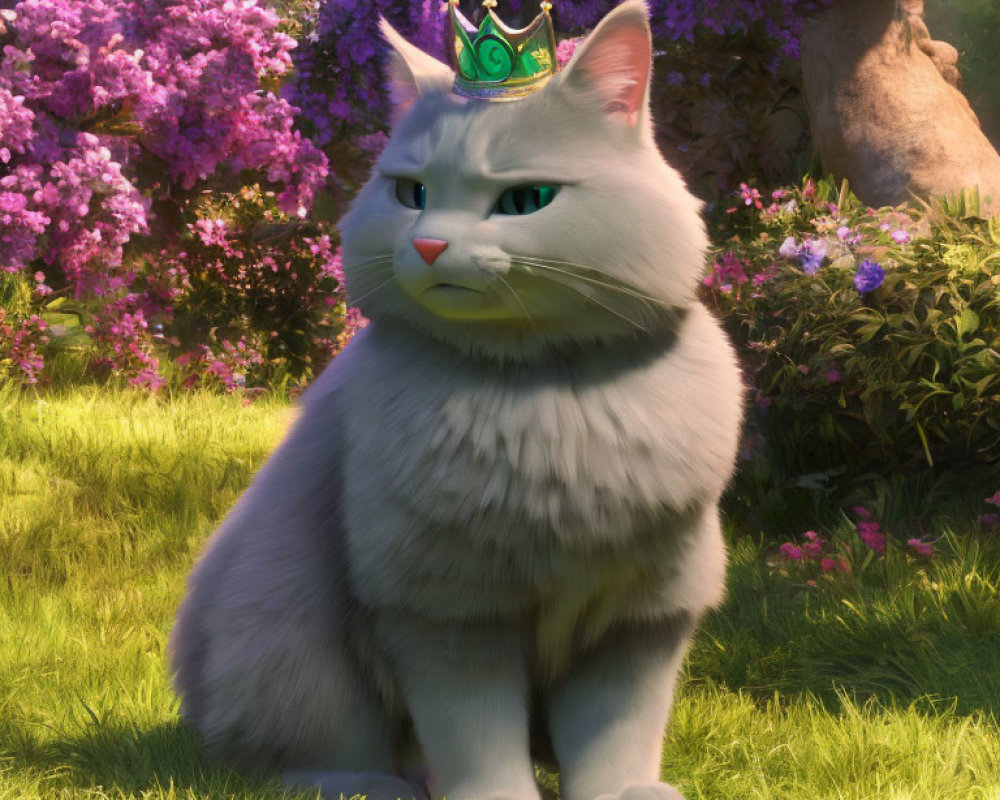 White Cat with Green Crown in Sunlit Garden with Flowers